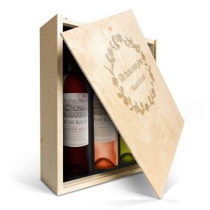 Hét perfecte Cadeau -  Wijnpakket in gegraveerde kist – Oude Kaap – Wit, rood en rosé